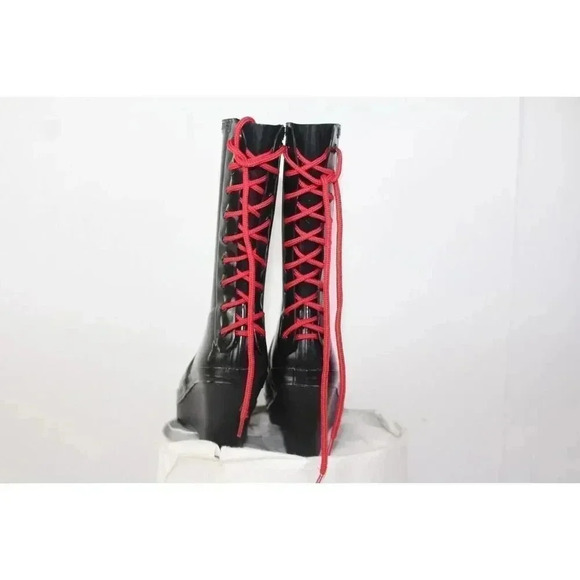 Hunter Black Verbier Wedge Boots Red Lace Up Rubber Rain Size 7 - Picture 4 of 9